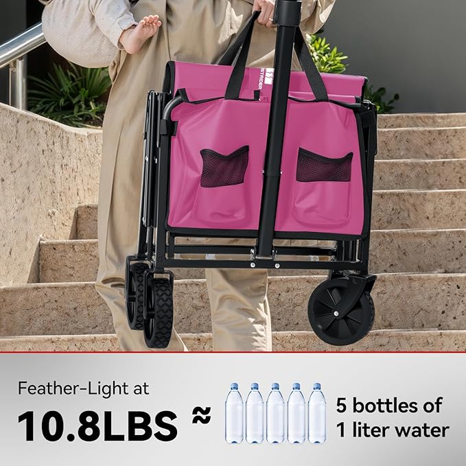 Collapsible Folding Wagon, Heavy Duty Pink Foldable Wagon Cart with Wheel, Lightweight Utility Grocery Cart with 200lbs Weight Capacity for Garden, Beach, Camping Sports, Fishing