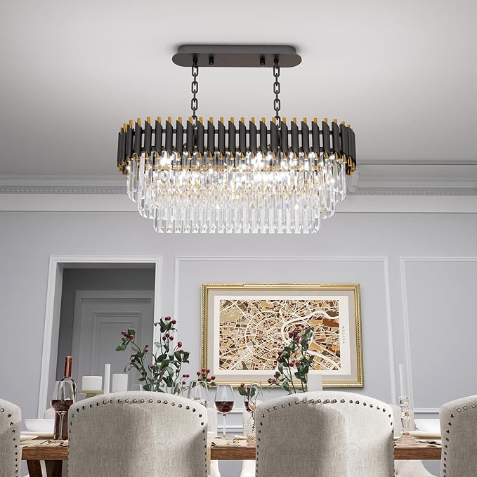 31.5" 8-Light Modern Black Gold Crystal Chandelier, Luxury Rectangular Raindrop