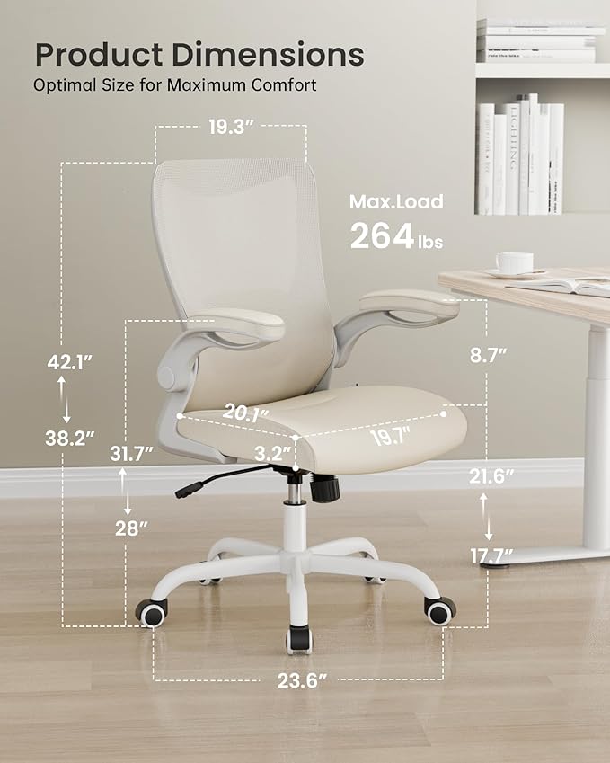 Office Chair, PU Leather Ergonomic Desk Chair with Adjustable Lumbar Support and Flip up Armrest, Breathable Mesh Computer Chair for Home Office, Khaki