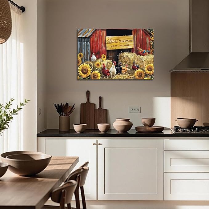 YMXDYMJSW Rooster Canvas Wall Art Chicken with Sunflower Pictures Farm Animal Prints Chicken Coop Paintings Inspirational Quotes Artwork for Kitchen Decor Frame (Brown,28L x 42W)