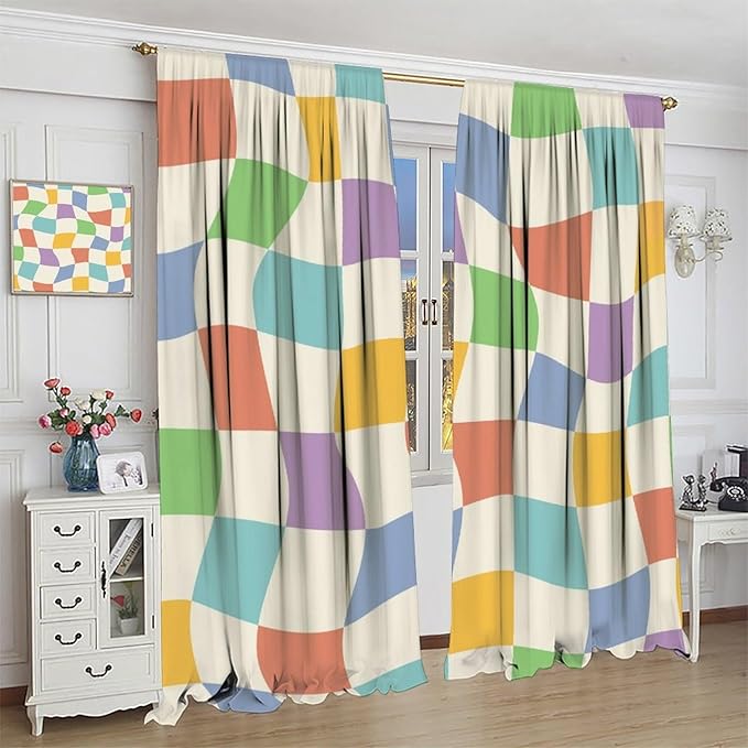 Checkered Curtains,70s Vintage Twisted Checkered Window Drapes Colorful Groovy Trendy Wavy Hippie Grid Print Window Treatments for Kids Girls Bedroom Living Room Bathroom 42" W X 63" L