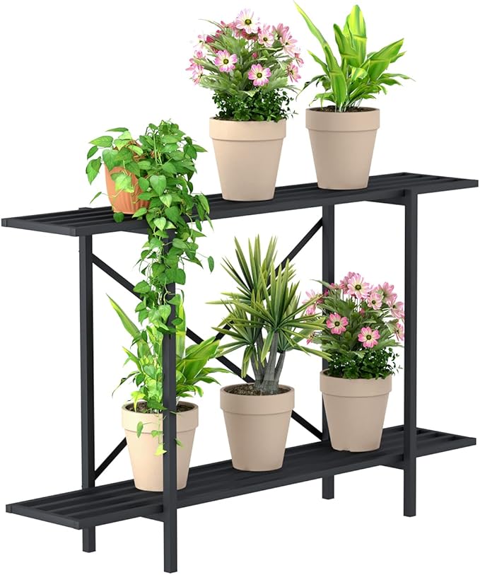 Zhongma 2 Tier Metal Sturdy Heavy Plant Stand, Narrow Plant Stand Indoor and Outdoor, L45.67 x W10.3 x H27.5 inch, 440 LBS Capacity & Heavy Duty Construction. …