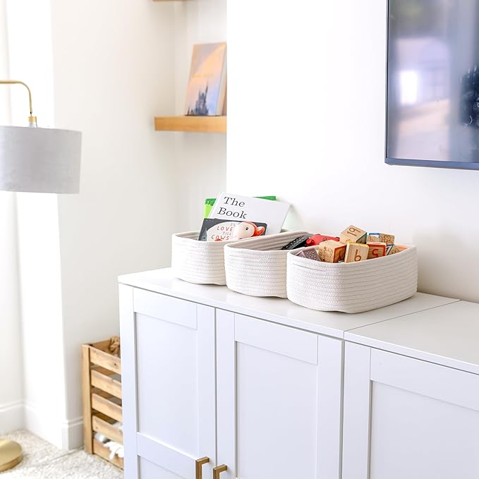 NaturalCozy 11.8"x8"x4.5” Storage Baskets for Shelves 3 Pack | Cotton Rope Woven Small Baskets for Organizing | Small Storage Bins for Nursery, Bathroom, Closet, Cube Shelf, Decorative, Gift Basket