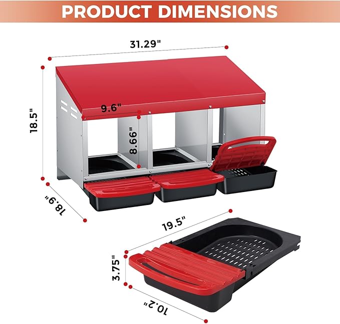 3-Hole Chicken Nesting Boxes for Farm,Corrosion-Resistant Metal Nesting Boxes with Egg Collection Tray,Wall Mount/Freestanding Poultry Laying Boxes for Chicken Coops and Hens,Red
