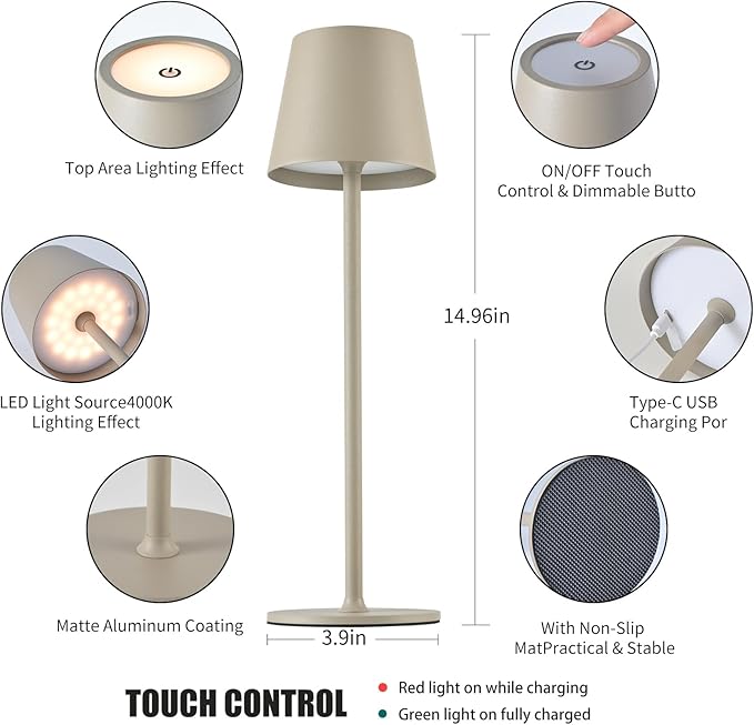 BGFHome Cordless Table Lamp LED Desk lamp, 5000mAh Rechargeable Touch Night