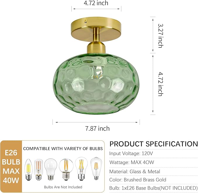 Green Glass Semi Flush Mount Ceiling Light