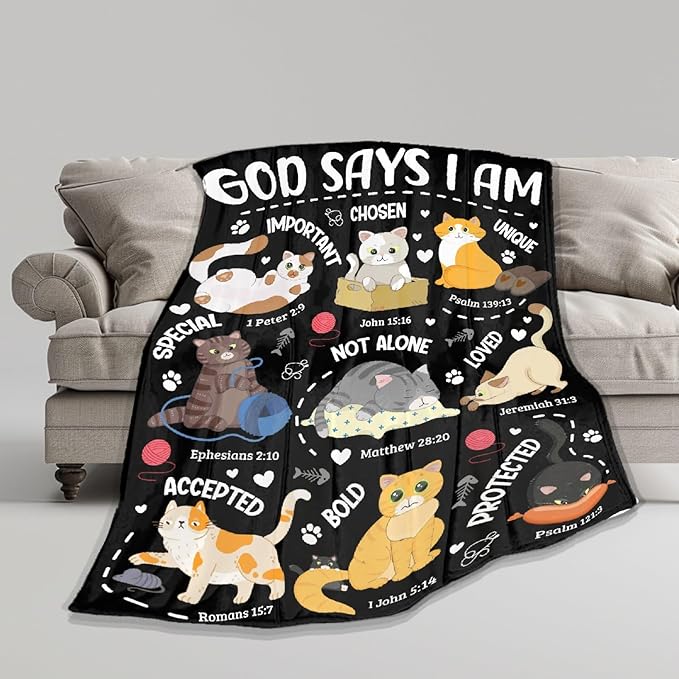 Cat Throw Blanket,Bible Verse Blanket, Christian Gifts, God Says I am Print Blankets, Meaningful Thoughtful Religious Gifts for Girls,Cat Lover Room Bed Decoration, 40" x50”