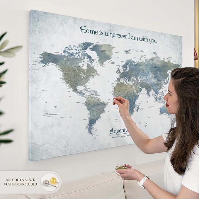 ElephantStock - Home With You II Push Pin World Map Wall Art - Horizontal Canvas Wall Art - Living Room Wall Decor - Digital Art Map Canvas Art - Blue And Gray Decor - 45" x 30"