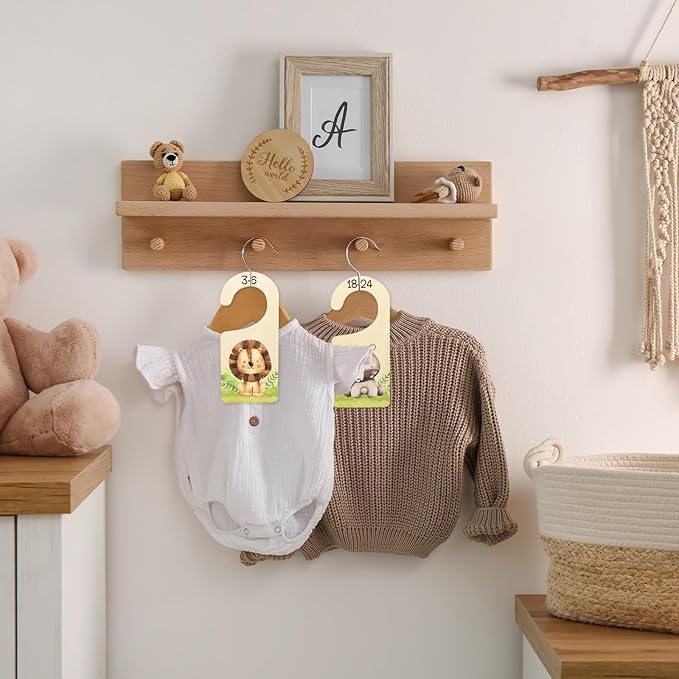 Whaline 8Pcs Baby Closet Size Dividers Watercolor Safari Animals Hanging Wooden Baby Closet Organizer Newborn to 24 Months Thicken Baby Wardrobe Organizer