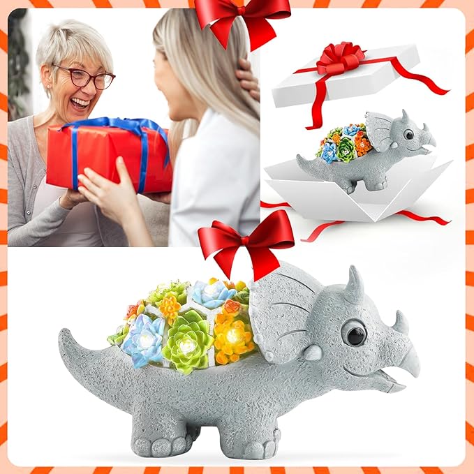 Garden Decor Solar Dinosaur Statues with Succulent and LED Lights for Outside, Outdoor Lawn Decorations Statue for Patio,Balcony,Yard,Unique Housewarming & Birthday Gifts for Women Mom Grandma