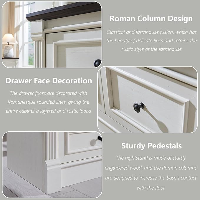 6 Drawers Dresser for Bedroom, Farmhouse 47.8" Wide Dressers & Chests of Drawers w/Roman Column, Wood Rustic Closet Dresser with Two Different Drawer Sizes for Bedroom, Living Room, White