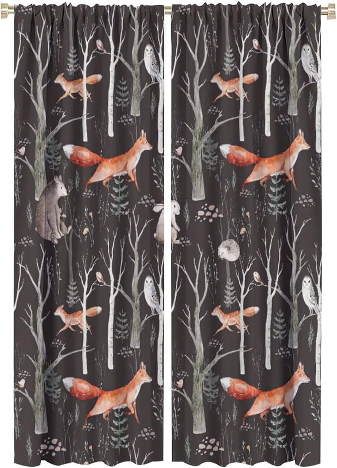 Rustic Forest Curtain, Woodland Country Hunting Animal Deer Fox Wildlife Bear Farmhouse Lodge Cabin Blackout Rod Pocket Windows Door Curtain for Bedroom Living Room Home Decor 42x63in