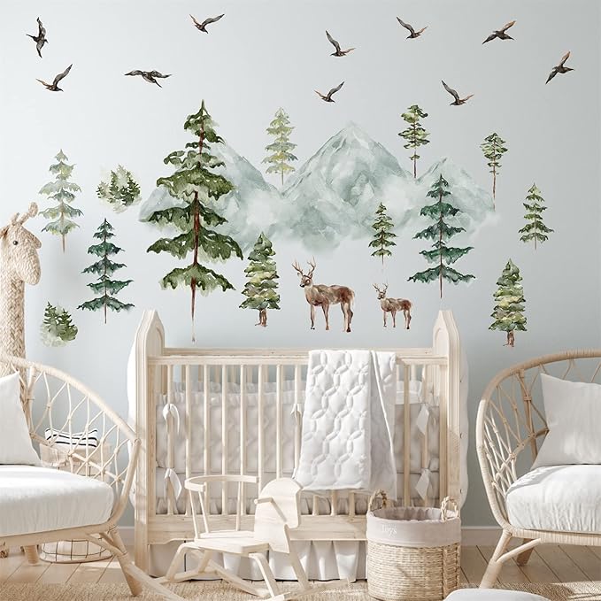 Mountain Wall Decals Large Pine Tree Wall Decals Peel and Stick Forest Tree Deer Birds Woodland Animal Decal Mountain Trees Stickers for Kids Room Nursery Decor