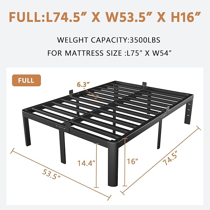 Full Size Bed Frame 16 Inch, Metal Platform Full Bed Frame No Box Spring Needed, DIY Headboard Hole, Heavy Duty Steel Support 3500 LBS, Noiseless, Round Leg, Storage Space, Easy Assembly, Black