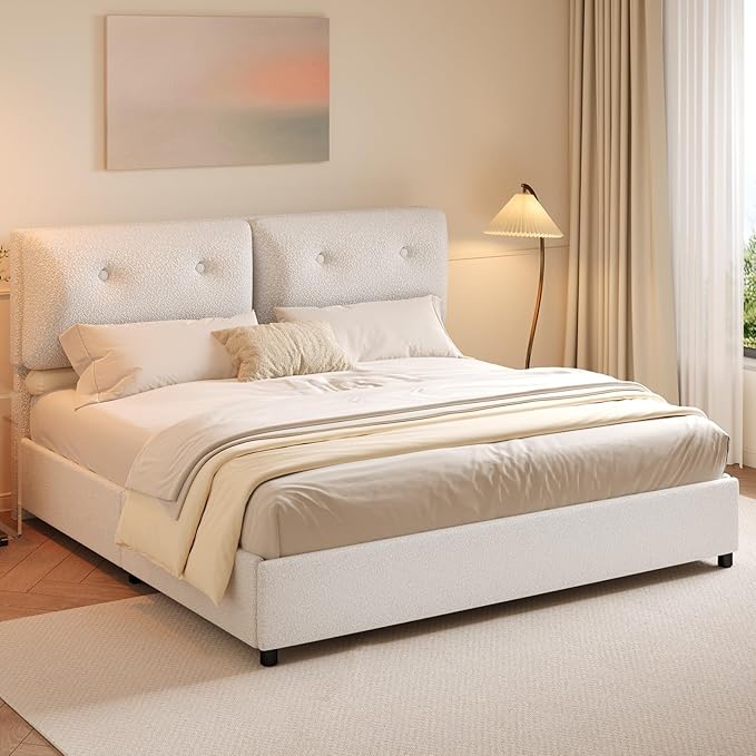 King Bed Frames,Breathable Boucle Fabric Upholstered Bed Frame with Headboard,Removable and Washable,Wood Slat Support,No Box Spring Needed,Easy Assembly,White