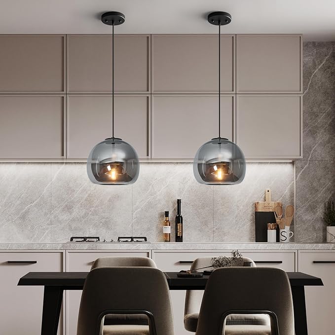 1-Light Mirror Gray Glass Pendant Lights Kitchen Island Black Hanging Light