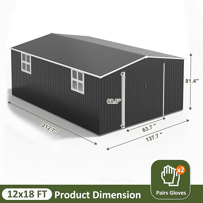 12x18 FT Outdoor Storage Shed, Garden Shed with Updated Frame Structure and Lockable Doors, Metal Tool Sheds for Backyard Garden Patio Lawn,Black