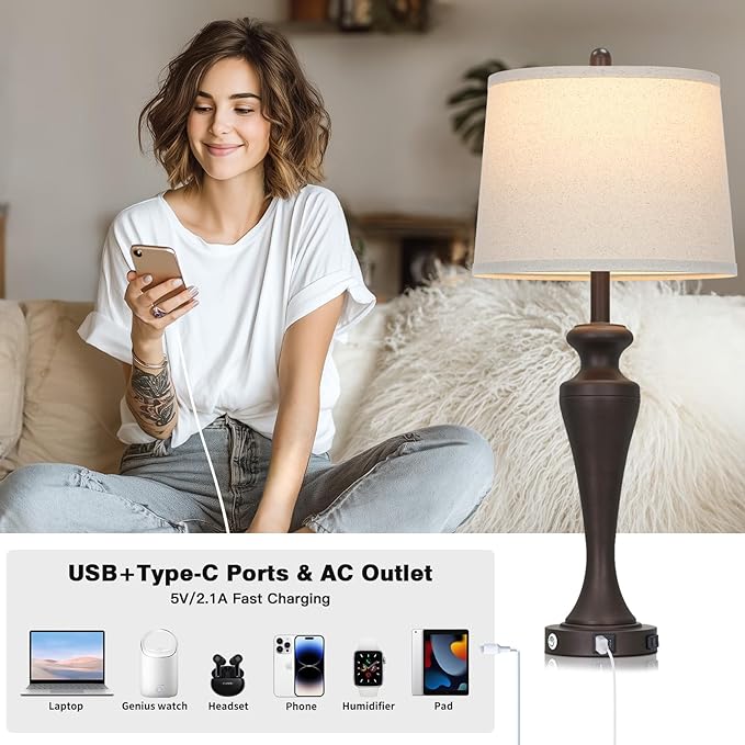 30" Brown Table Lamps Set of 2, 3-Way Touch Control Bedside Lamp