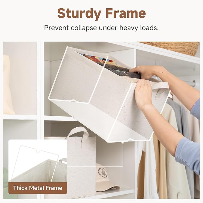 StorageWorks Storage Bins, Shelves Baskets for Organizing, Large Fabric Closet Organizers with Handles, Metal Frame, Beige（Cotton-linen）, 2-Pack