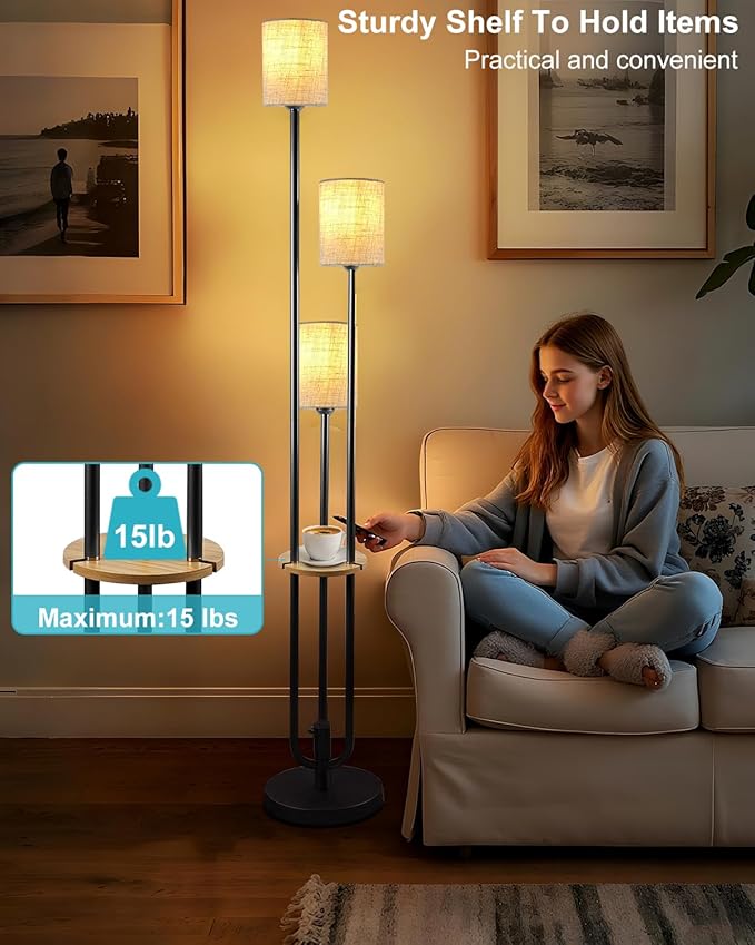 63IN Dimmable Floor Lamp with Shelf, Unique Black Tall Standing Lamps with Table