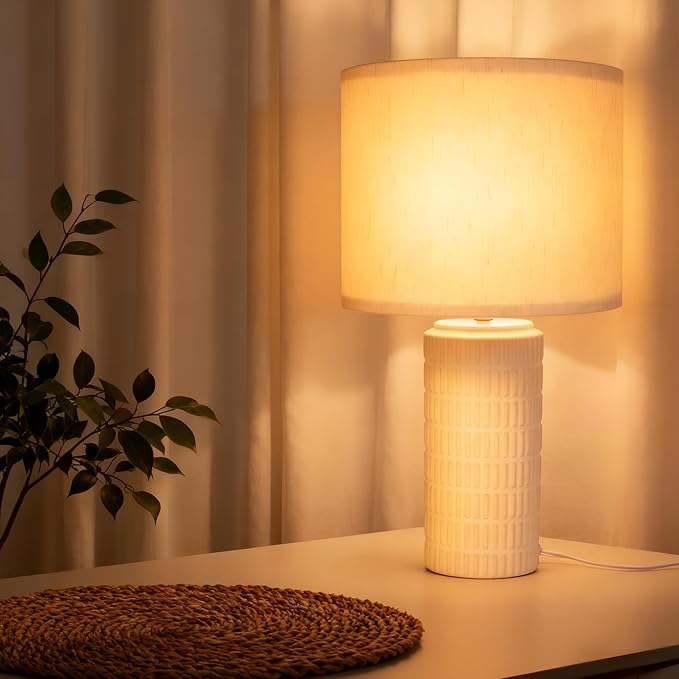 20-inch Modern Ceramic Table Lamp, Farmhouse White Bedside Lamp
