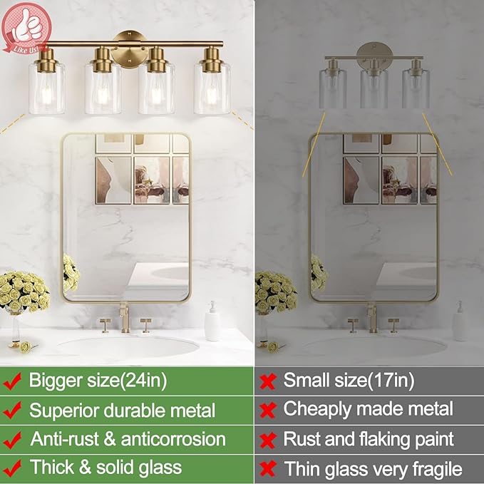 4-Light Bathroom Light Fixtures, Brushed Brass Modern Vanity Lights