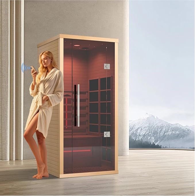 1 People Indoor Infrared Sauna, Low EMF Full Spectrum Red Heater with Carbon Heating Panels, Canadian Hemlock Wood, WiFi Control, 7-Color Starry Light, Reading Lamp, 1350W, 120V