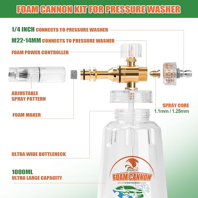 Dual Connector Foam Cannon for Pressure Washer, Pressure Washer Gun with Foam Cannon and 5 Power Washer Sprayer Nozzles Tips for Car Wash Kit Power Washer Gun Foam Soap Cannon for Car Snow Foam Lance