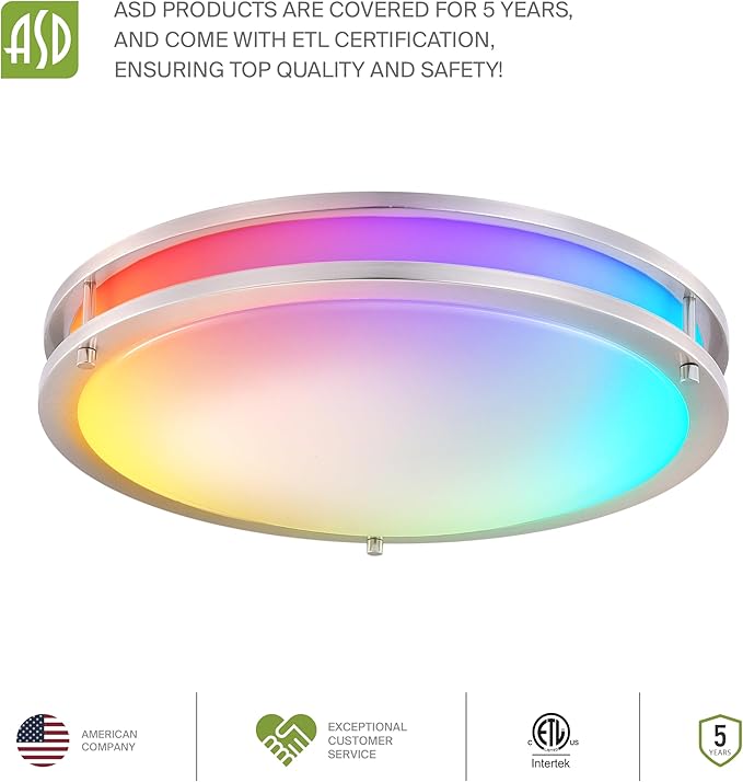 ASD LED 18" Round Flush Mount Lighting, Close to Ceiling Light Fixture | Smart