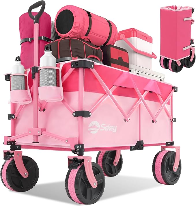 Sekey 220L Collapsible Foldable Wagon with 330lbs Weight Capacity, Heavy Duty Folding Utility Garden Cart with Big All-Terrain Beach Wheels & Drink Holders.Pink