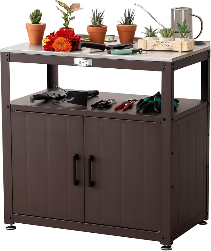 Garden Potting Bench with Storage Cabinet,Outdoor Gardening Table & Work Bench for Plants, Horticulture,Outdoor Workstation with Stainless Steel Tabletop,Outdoor Work Table