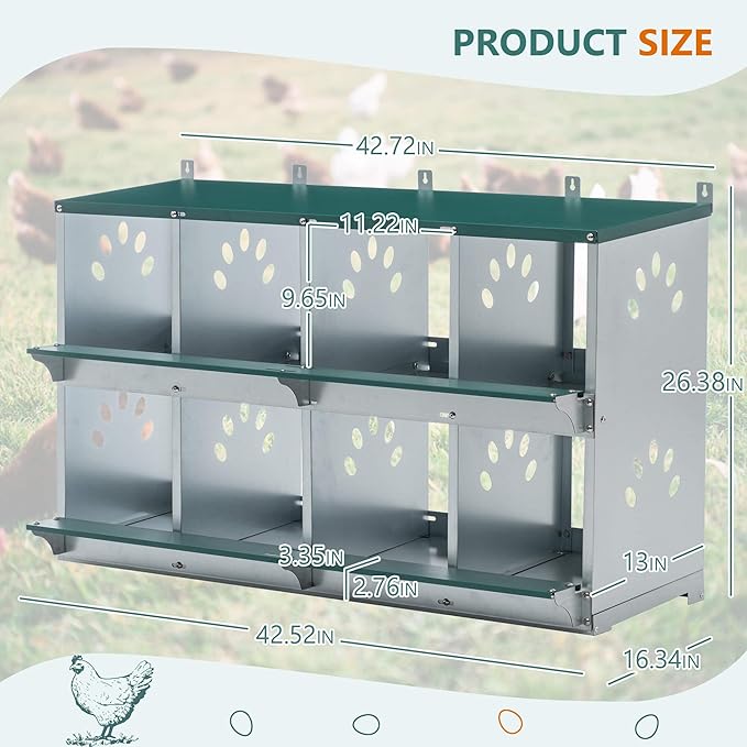 8 Compartment Chicken Nesting Boxes for Laying Eggs, Metal Poultry Nest Box Wall Mount for Chickens, Hens, Large Vented Holes Chicken Coop Box Green (8 Holes)