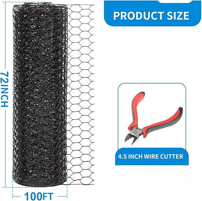 72'' x 100' Black Chicken Wire Mesh Fence, 15 Gauge Poultry Netting and 2 inch Mesh Fence Roll, Chicken Wire for Floral Arrangements/Crafts/Farm/Livestock/Pet Protection