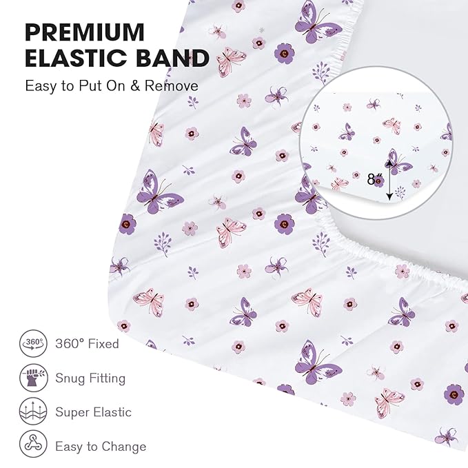 Little Grape Land Crib Sheets for Boys and Girls, 2pk Baby Crib Fitted Sheet for Standard Size Crib and Toddler Mattress, Super Soft Baby Sheet (Purple Butterfly)