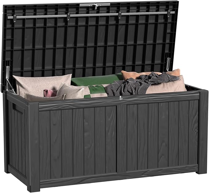 120 Gallon Outdoor Deck Box,Storage Lockable Waterproof Patio Furniture,Garden Tools,Cushions,Pool Accessories Outside Storage Resin Box(Black)