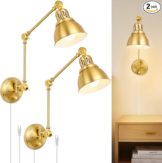 2 Pack Plug in Wall Sconces, Dimmable On Off Switch, Swing Arm Wall Lamps