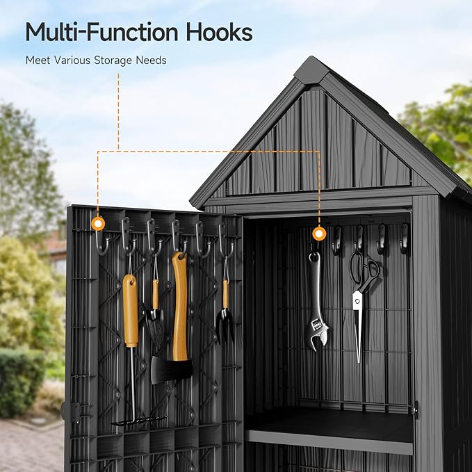 ONBRILL Multifunctional Storage Shed, Outdoor Storage Cabinet with Hooks and Lock Ring, Waterproof Outdoor Storage Shed for All Weather, Tool Outdoor Shed for Patio Lawn and Garden