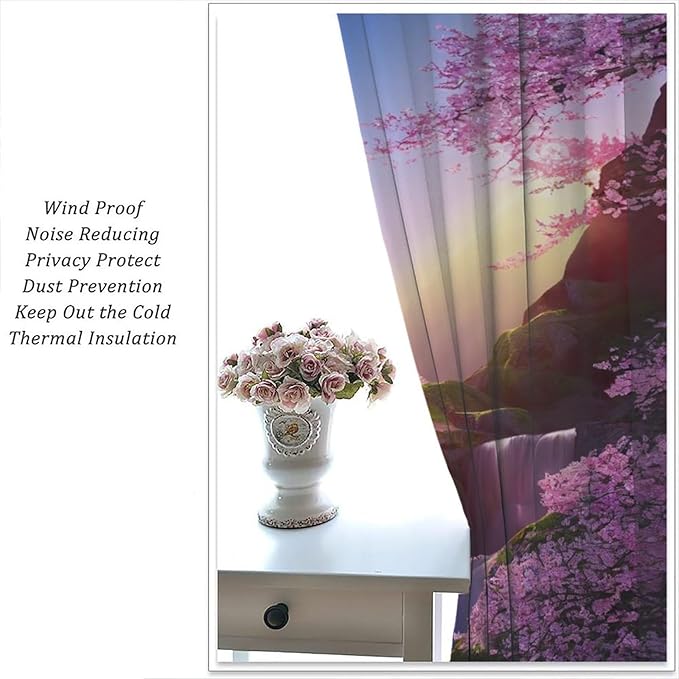 Landscape Waterfall Blackout Curtains, Watercolor Blossom Cherry Flower Forest Pattern Rod Pocket Window Drapes, for Bedroom Living Room 72" W X 63" L