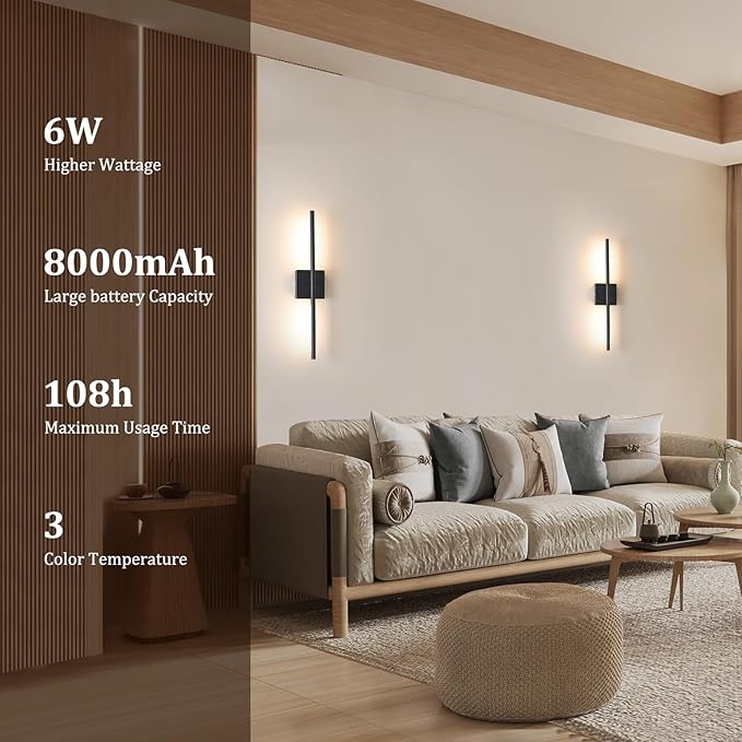 Battery Operated Wall Sconce Set of 2, 8000mAh Wireless Wall Sconces,