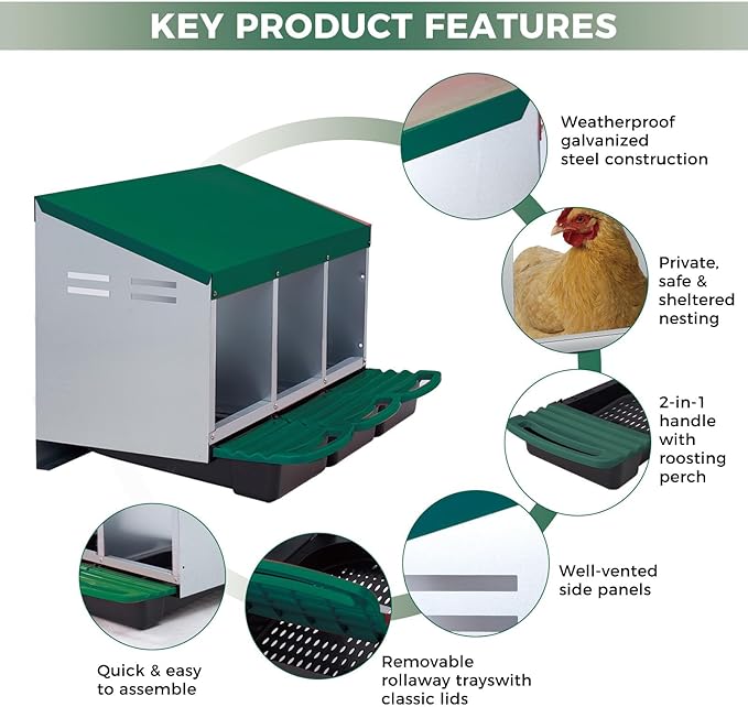 Chicken Nesting Boxes, Metal Rollaway Chicken Nest Box with Rollout Egg Collection, Removable Tray & Nesting Pads, Egg Laying Box for Chicken Coop Hens, Wall Mount or Standing, 3 Compartments, Green