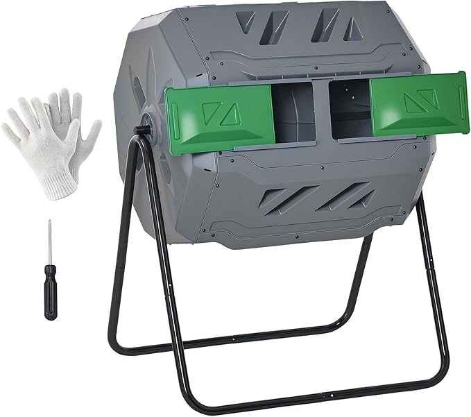 Outsunny Tumbling Compost Bin Outdoor 360° Dual Chamber Rotating Composter 43 Gallon, Light Gray