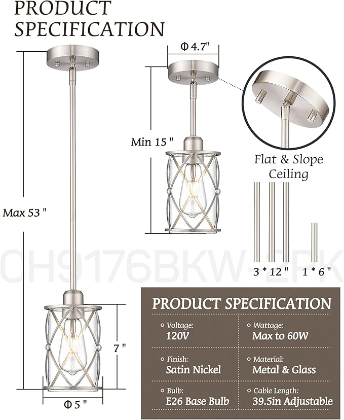 Brushed Nickel Pendant Lights Kitchen Island 3 Pack, Glass Kitchen Pendant