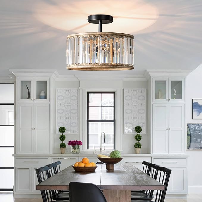 Veronie Crystal Ceiling Light Fixture, 3 Light Crystal Semi Flush Mount