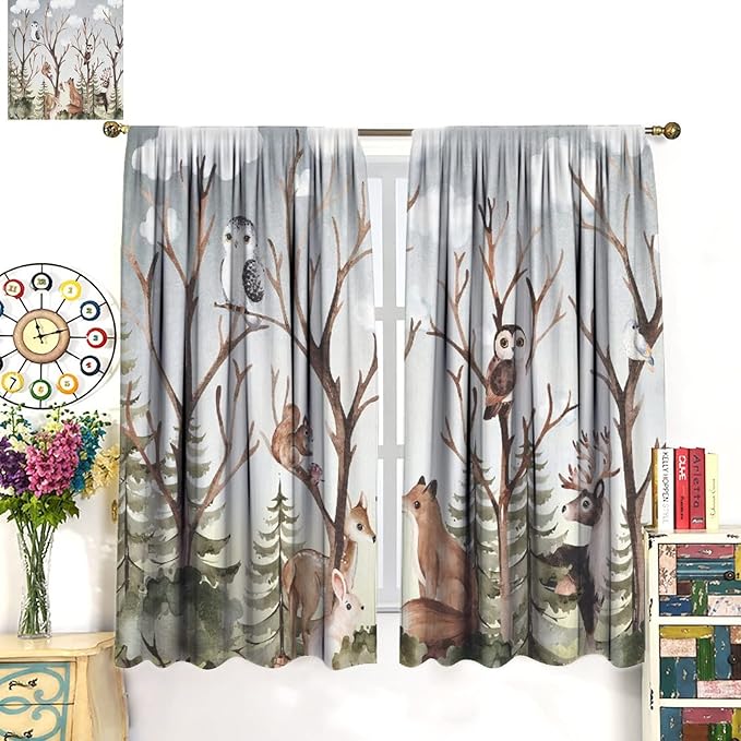 Forest Curtains, Cartoon Woodland Animals Tree Birds Moose Rabbit Mushroom Print Pattern Kids Bedroom Window Treatments Curtains 63x63in