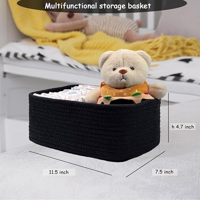 COMFY-HOMI 11.5"x7.5"x4.7" Storage Baskets for Organizing | Cotton Rope Woven Basket | Toy Storage Bin Box | Basket for Shelves, Closet Organizer Bin, Decorative Closet Shelf, 3 Pack, All Black