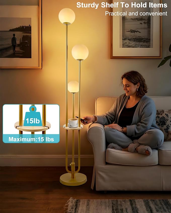 63IN Dimmable Floor Lamp with Shelf, Unique Globe Gold Tall Standing Lamps