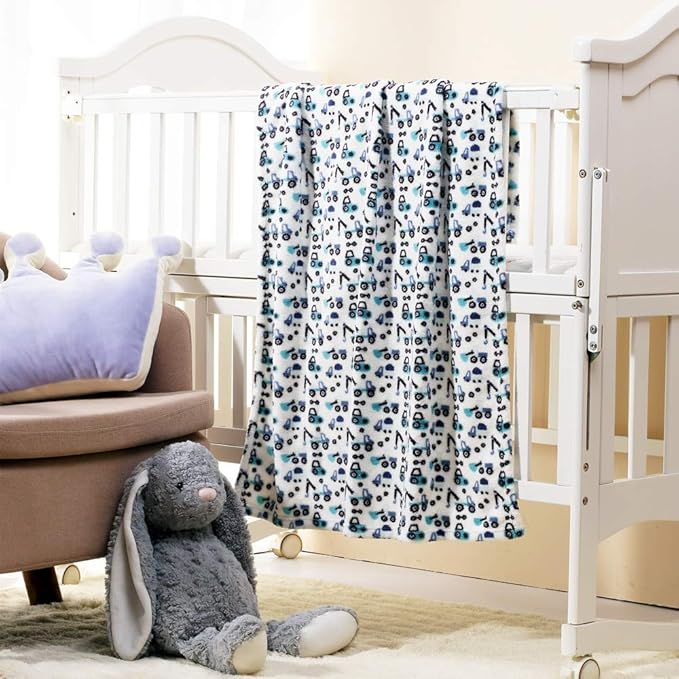 CREVENT 30"X40" Cute Lightweight Silky Cozy Warm Baby Blanket for Boys Infant Toddler Newborn Unisex Crib Cot Stroller, for All Season - Blue Truck