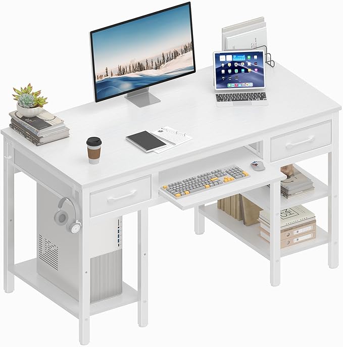 Lufeiya White Desk with Keyboard Tray Slide Out, 47 Inch Home Office Computer Desks with Fabric Drawers & Storage Shelves, Modern Simple Study Writing Table PC Desks for Bedroom, White