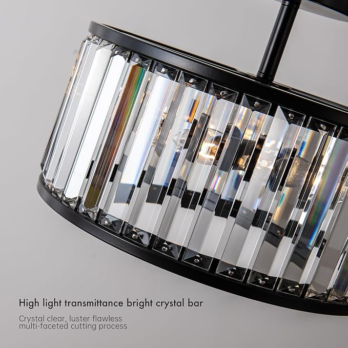 Black Crystal Ceiling Light Fixture, 3 light crystal Semi Flush Mount Ceiling
