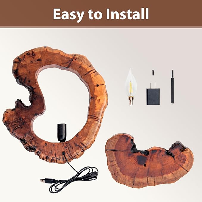 LAPTAIN Wood Table Lamp, Irregular Jujube Tree Wooden Bedside Lamp, Creative